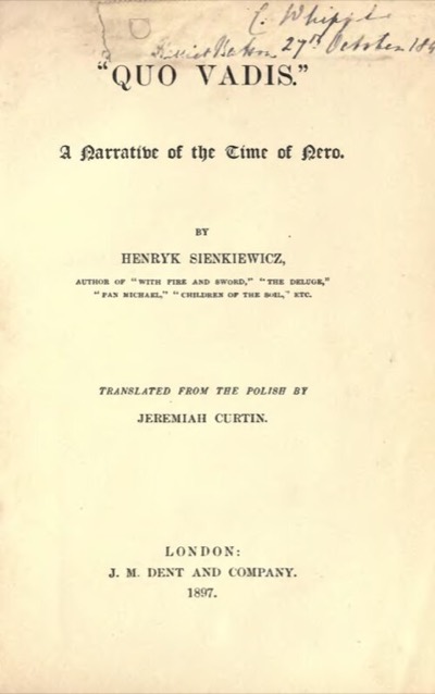 1897 title page of Quo Vadis, translated by Jeremiah Curtin
